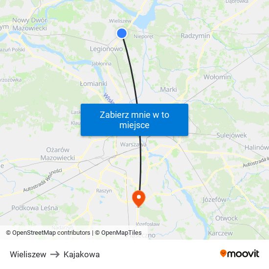 Wieliszew to Kajakowa map