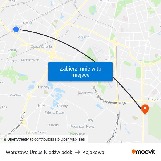 Warszawa Ursus Niedźwiadek to Kajakowa map