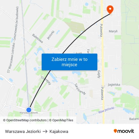 Warszawa Jeziorki to Kajakowa map