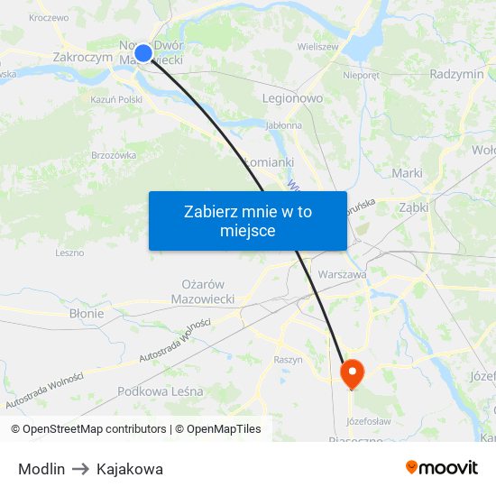 Modlin to Kajakowa map