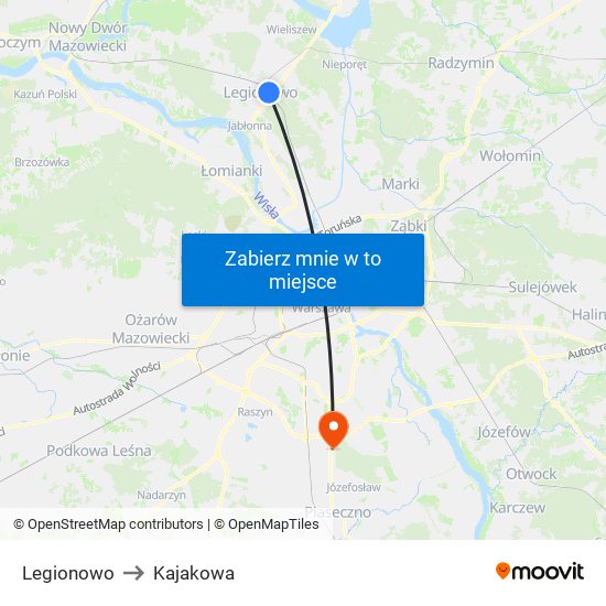 Legionowo to Kajakowa map