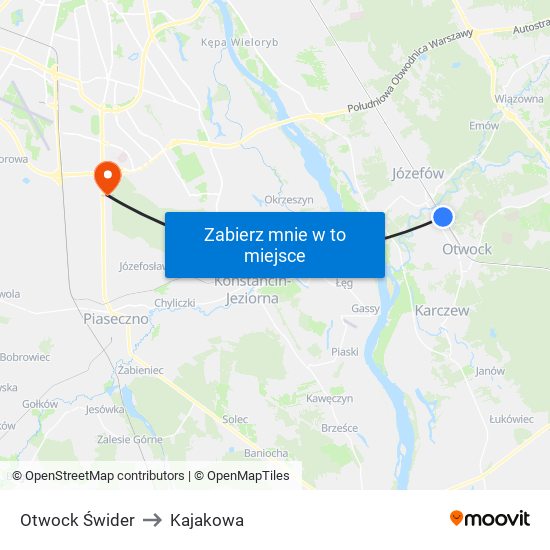 Otwock Świder to Kajakowa map