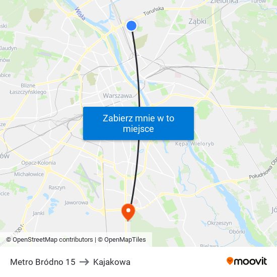 Metro Bródno to Kajakowa map