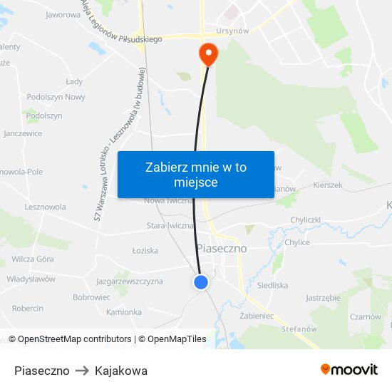 Piaseczno to Kajakowa map