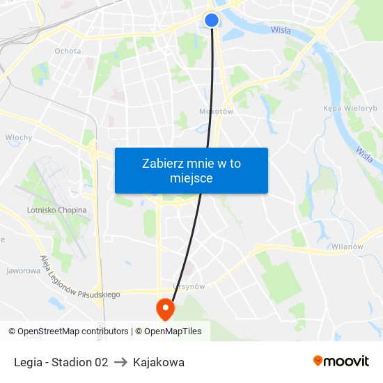 Legia - Stadion 02 to Kajakowa map