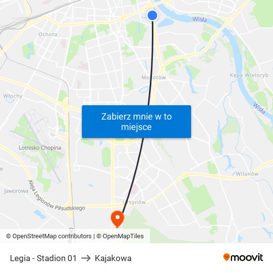 Legia-Stadion to Kajakowa map