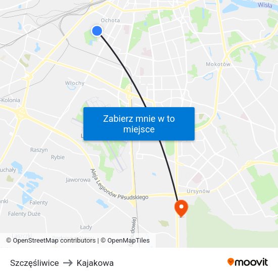 Szczęśliwice to Kajakowa map