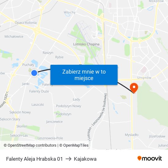 Falenty Aleja Hrabska 01 to Kajakowa map