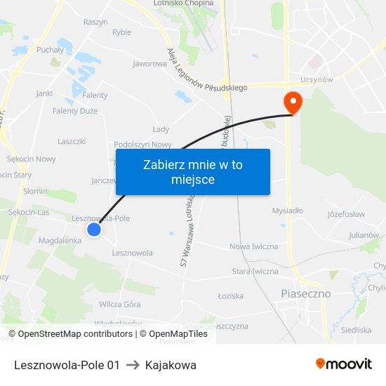 Lesznowola-Pole to Kajakowa map