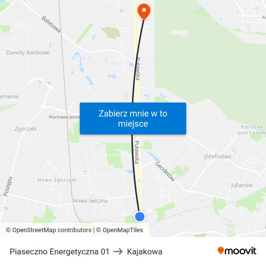 Piaseczno Energetyczna to Kajakowa map