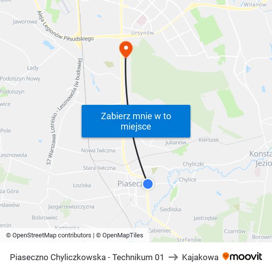 Piaseczno Chyliczkowska - Technikum 01 to Kajakowa map