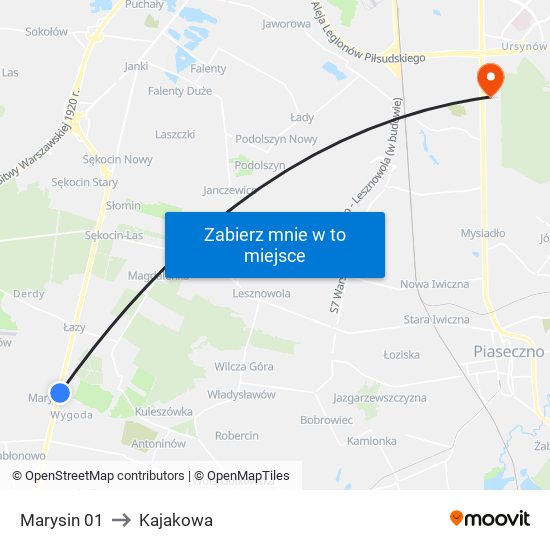 Marysin to Kajakowa map