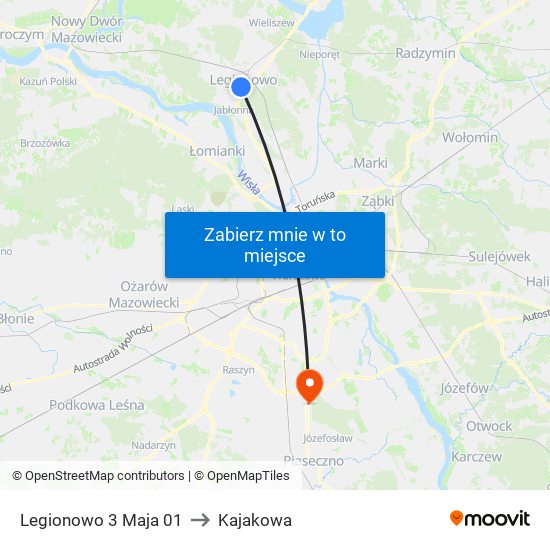 Legionowo 3 Maja to Kajakowa map