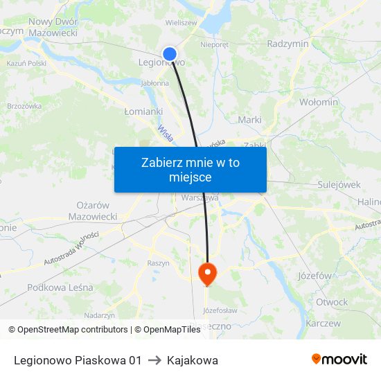 Legionowo Piaskowa 01 to Kajakowa map