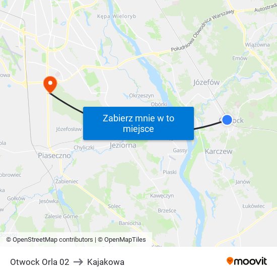 Otwock Orla to Kajakowa map