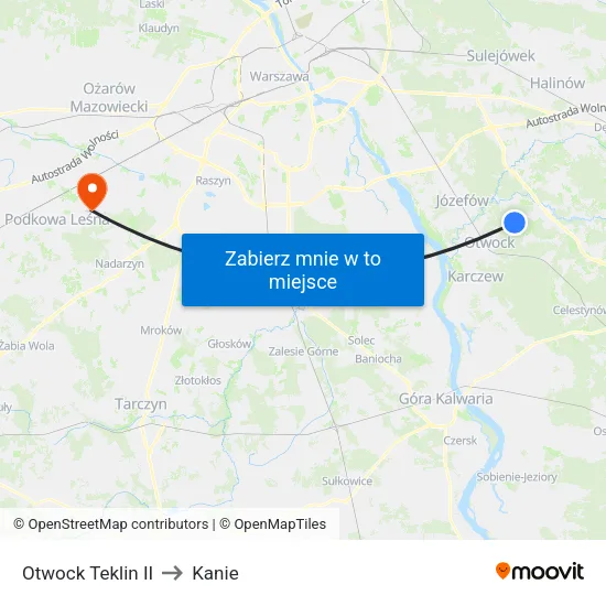 Otwock Teklin II to Kanie map