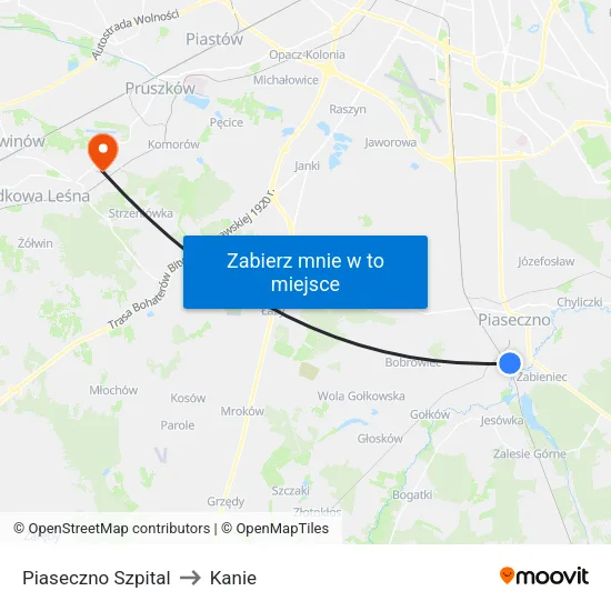Piaseczno Szpital to Kanie map