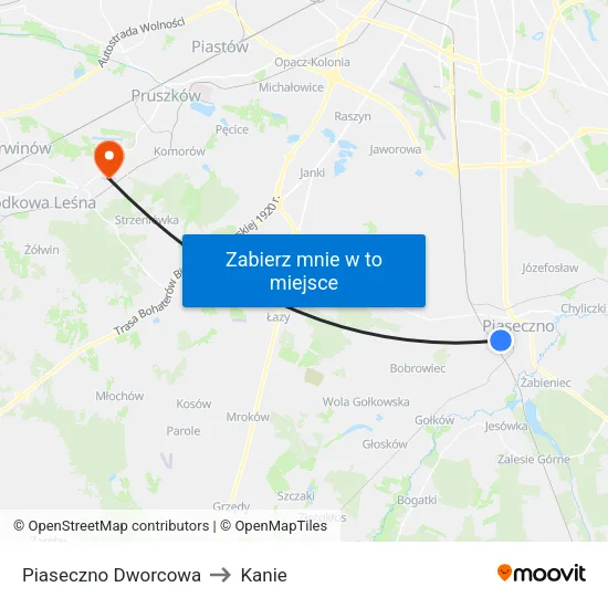 Piaseczno Dworcowa to Kanie map