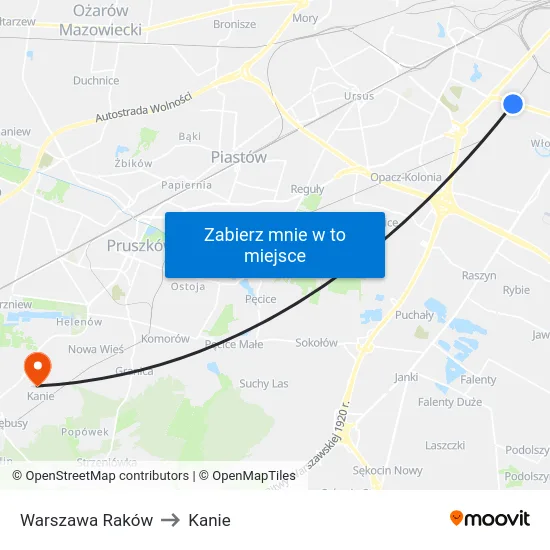 Warszawa Raków to Kanie map