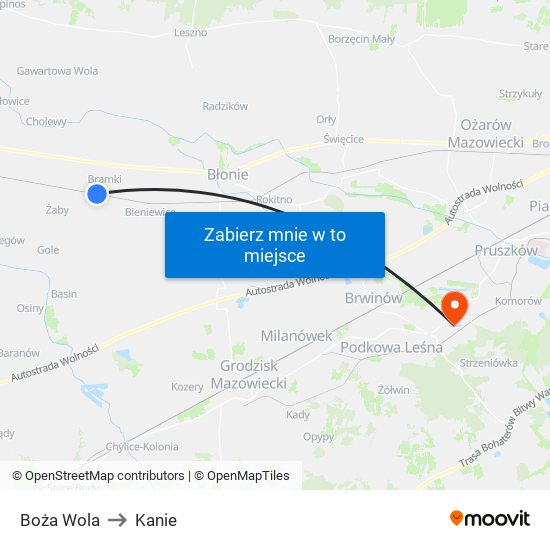 Boża Wola to Kanie map