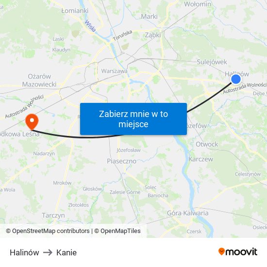 Halinów to Kanie map