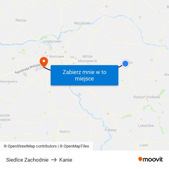 Siedlce Zachodnie to Kanie map