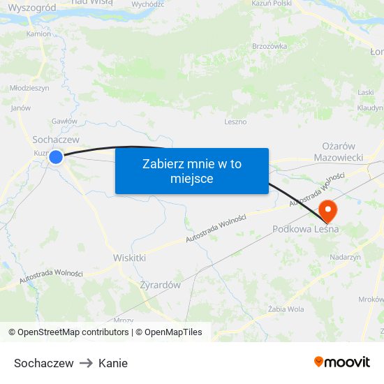 Sochaczew to Kanie map