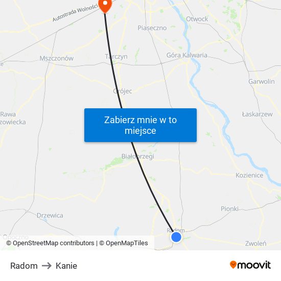 Radom to Kanie map