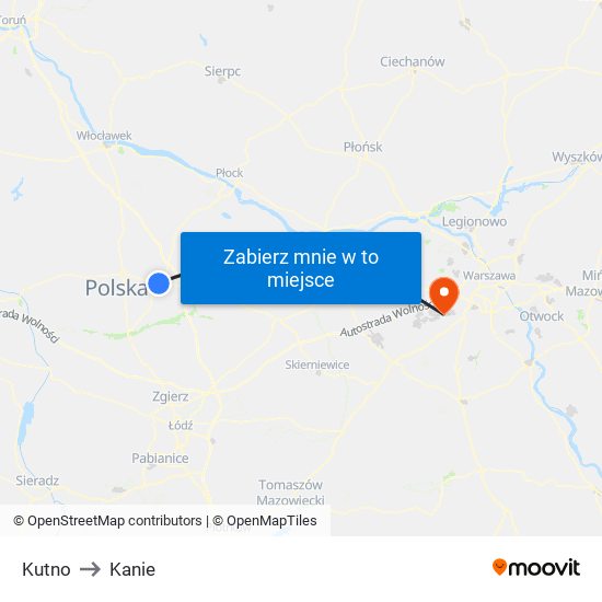 Kutno to Kanie map