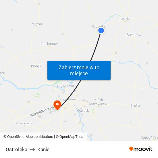 Ostrołęka to Kanie map