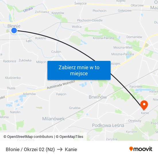 Błonie / Okrzei to Kanie map