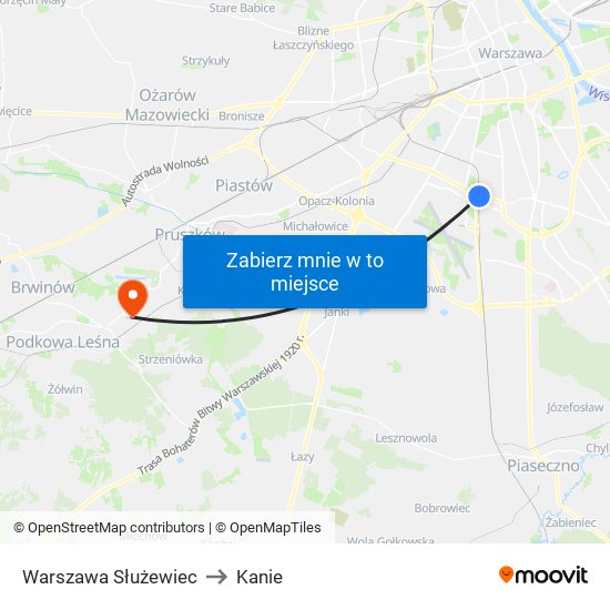 Warszawa Służewiec to Kanie map