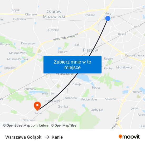 Warszawa Gołąbki to Kanie map