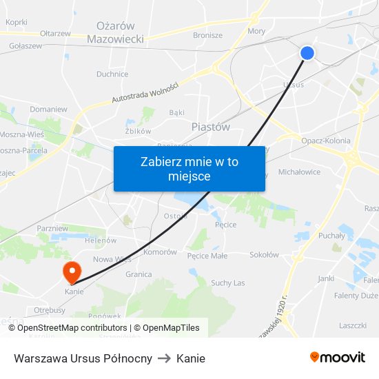 Warszawa Ursus Północny to Kanie map