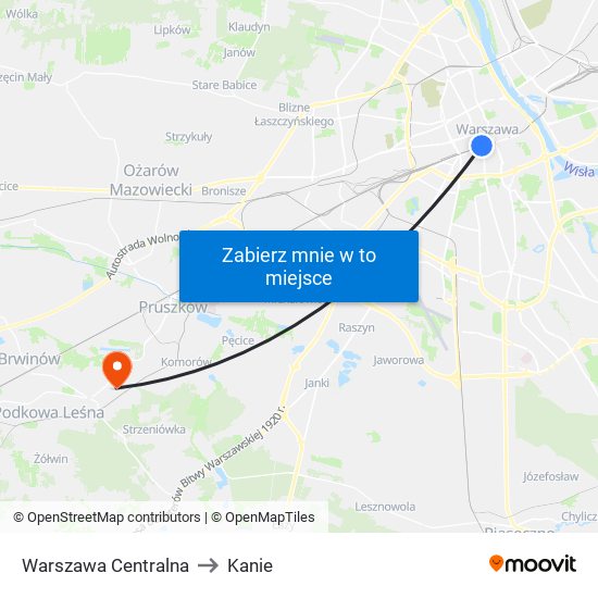 Warszawa Centralna to Kanie map