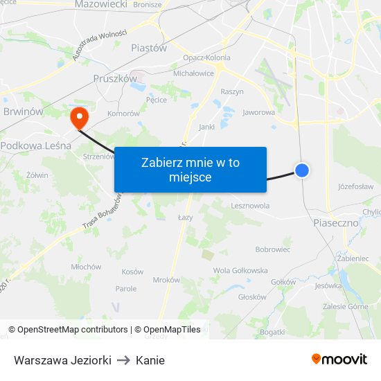 Warszawa Jeziorki to Kanie map