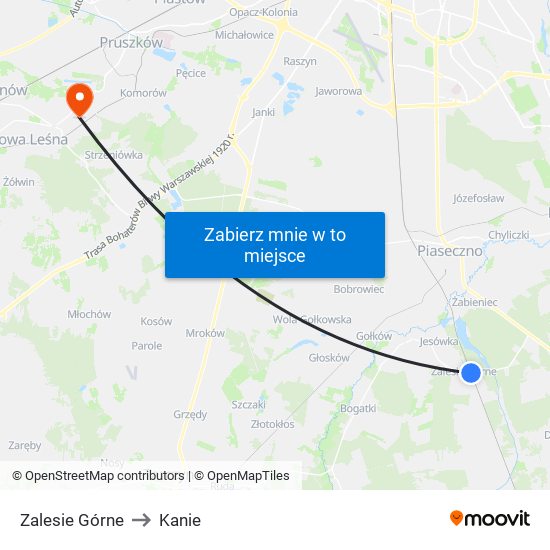 Zalesie Górne to Kanie map