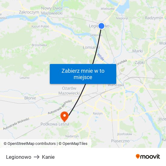 Legionowo to Kanie map