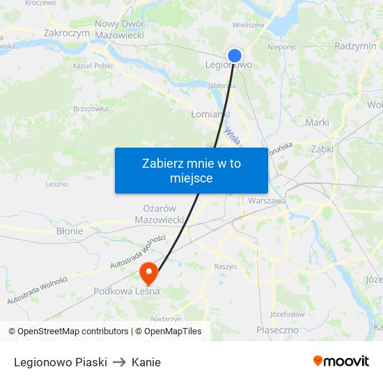 Legionowo Piaski to Kanie map