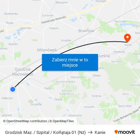 Grodzisk Maz. / Szpital / Kołłątaja 01 (Nż) to Kanie map