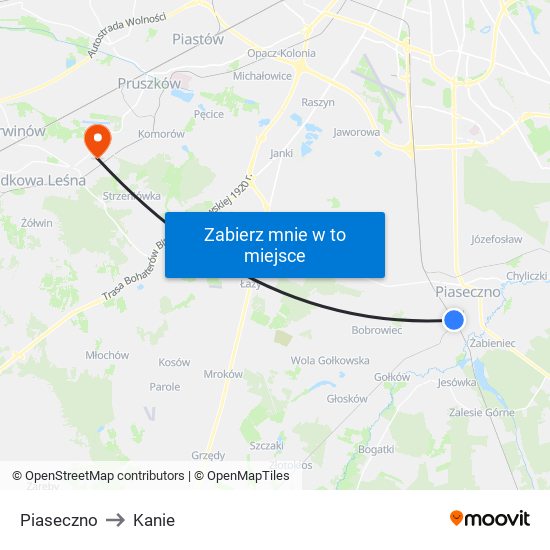 Piaseczno to Kanie map