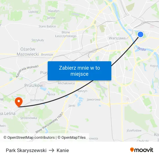 Park Skaryszewski to Kanie map