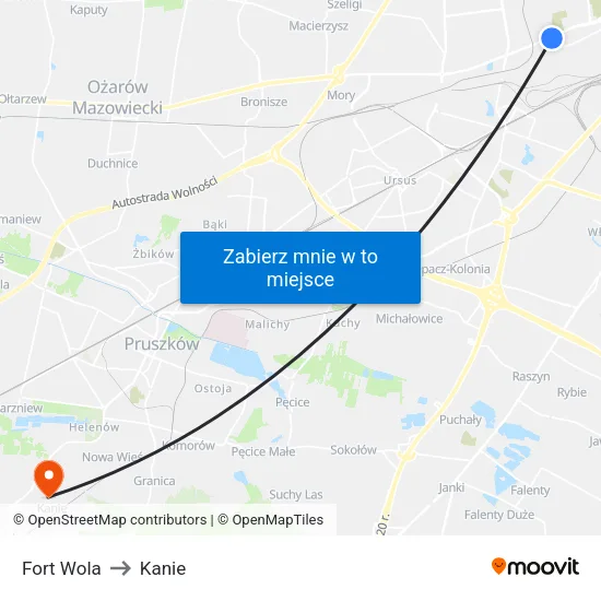 Fort Wola to Kanie map