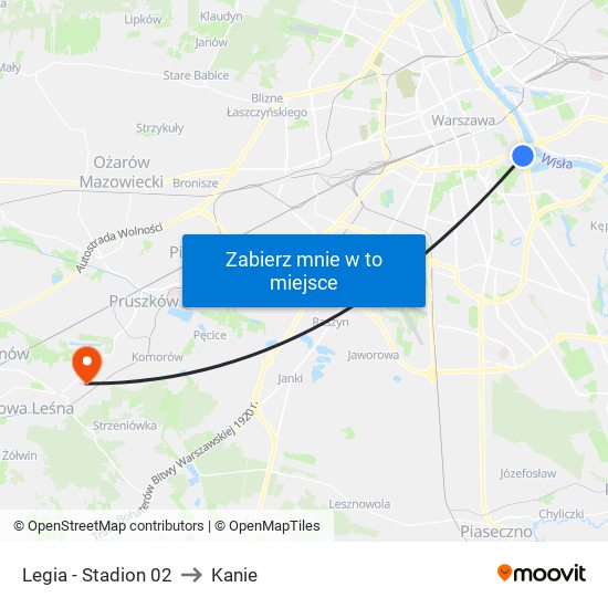 Legia - Stadion 02 to Kanie map