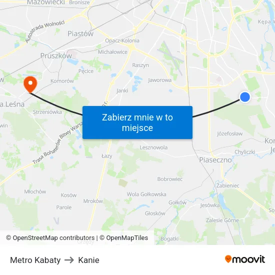 Metro Kabaty to Kanie map