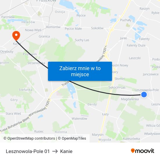 Lesznowola-Pole to Kanie map