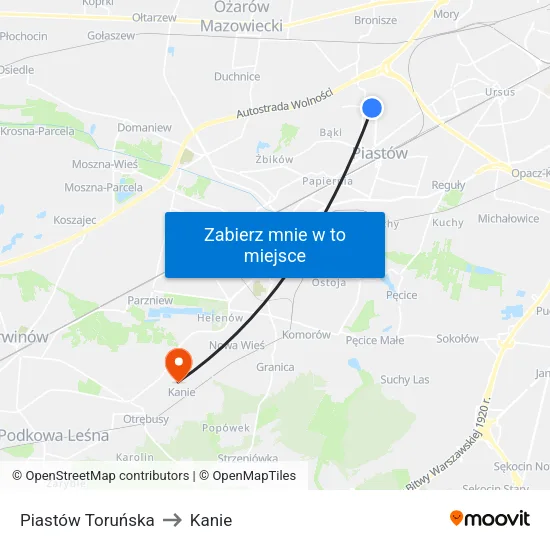 Piastów Toruńska to Kanie map