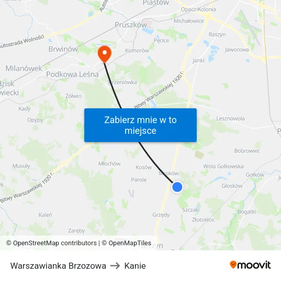 Warszawianka Brzozowa to Kanie map