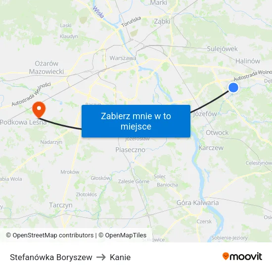Stefanówka Boryszew to Kanie map