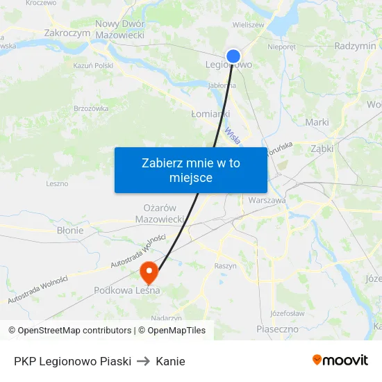 PKP Legionowo Piaski to Kanie map